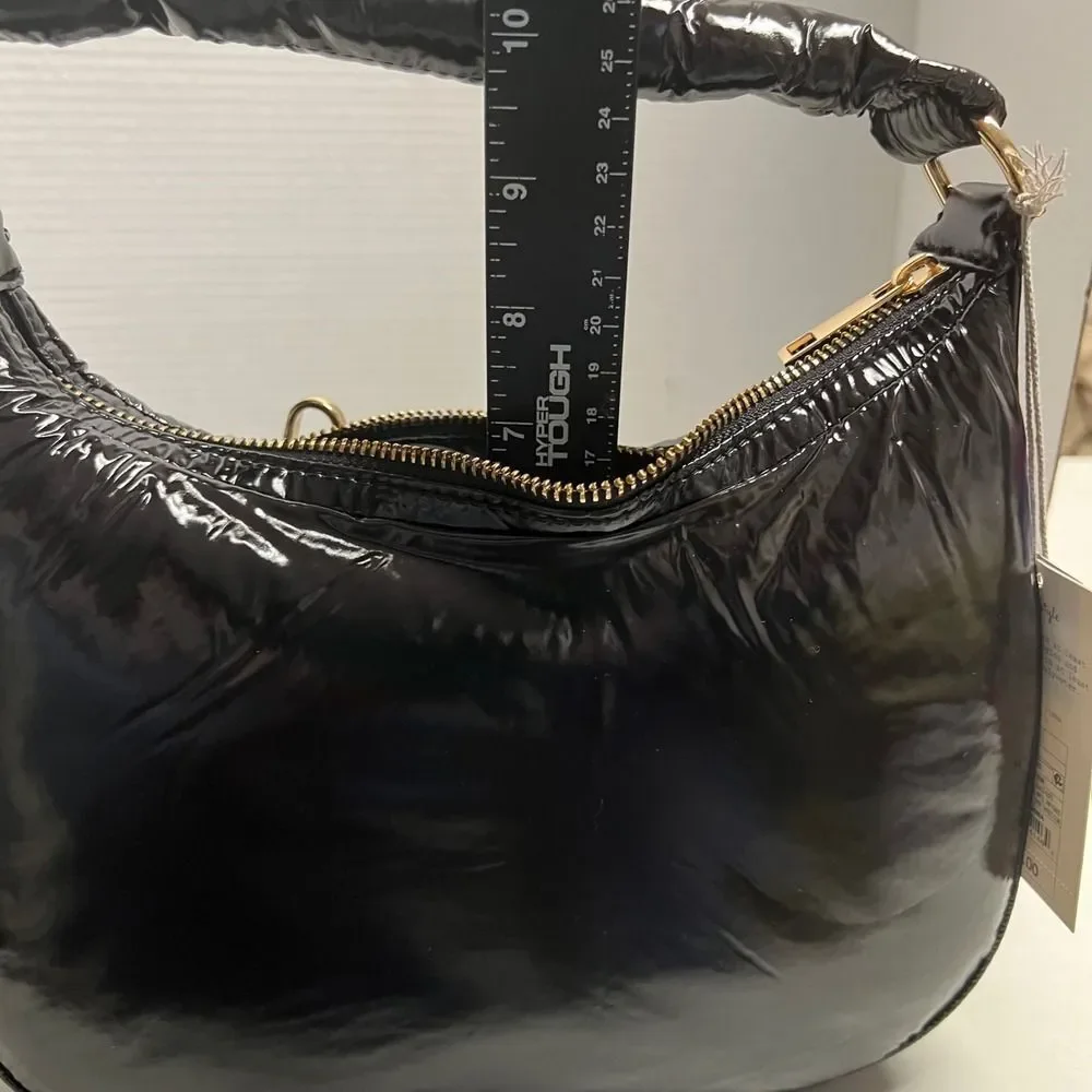 A New Day Black Puffer Hobo Bag with Detachable Crossbody Strap‎ Shiny Soft NEW